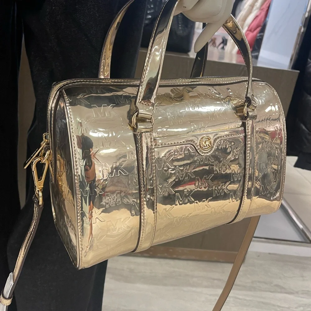 MICHAEL KORS Jet Set Medium Metallic Logo Debossed Satchel
Pale Gold 
NWT - Picture 16 of 16